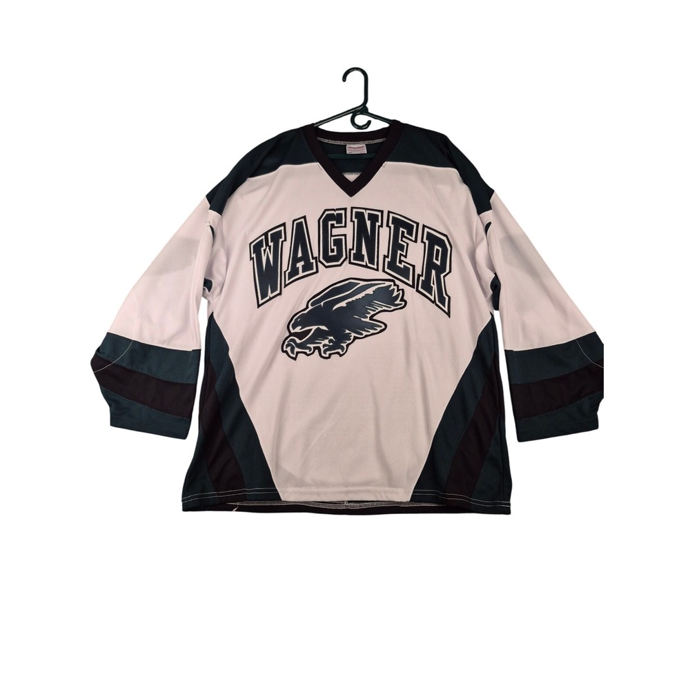 Wagner Seahawks Hockey Jersey Mens XL White Green Black Mesh Embroidered Mascot